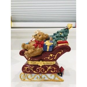 Traditions Porcelain Trinket Decorative Box Red Sleigh With Cute Bear Free Ships